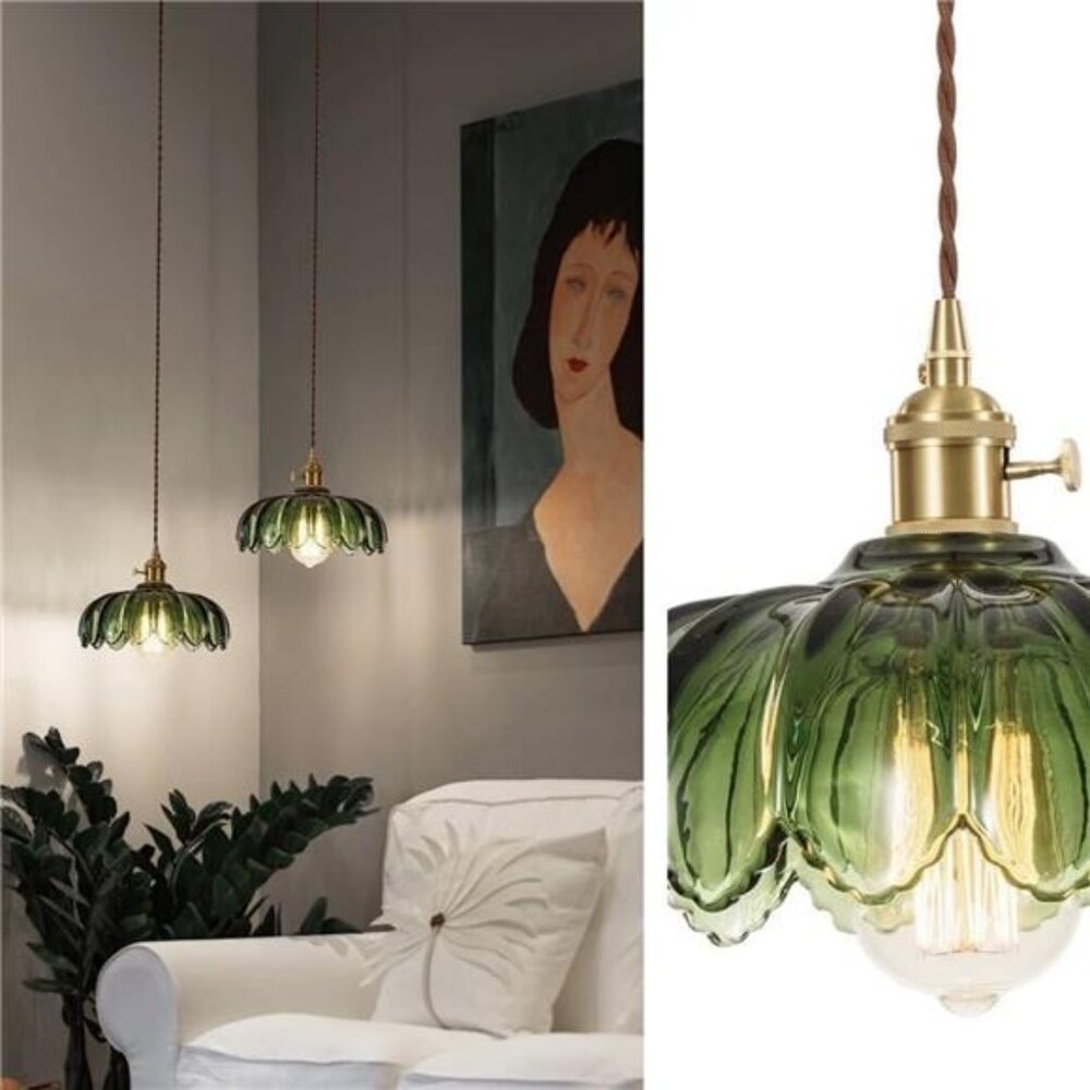 NEW West Elm Vintage Green Retro Glass Hanging Gold Floral Pendant Light Fixture - Picture 8 of 12
